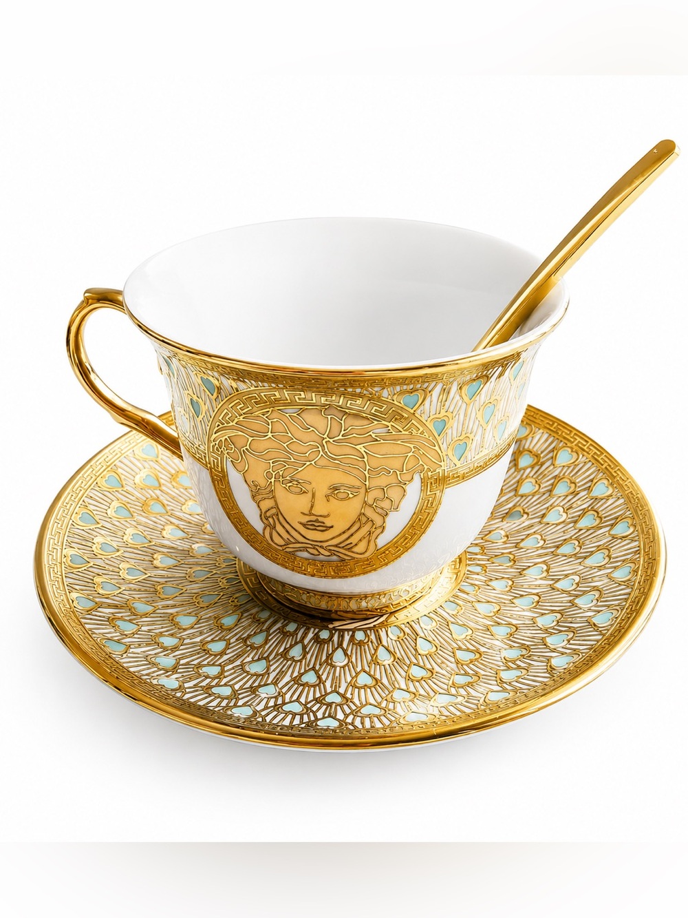 Blue Birds USA Homeware Medusa-Style Gold & Turquoise Teacup and Saucer